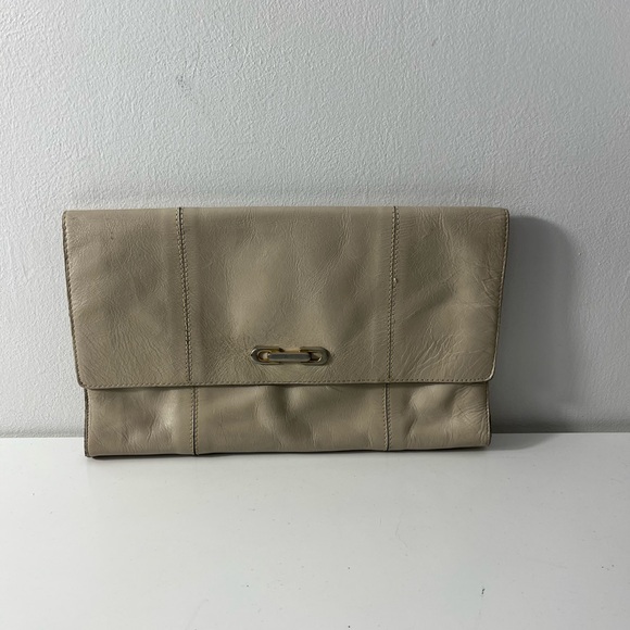 Vintage Leather Clutch Style Hand Bag Snap Closure Neutral Classic - Wedding - Picture 1 of 9